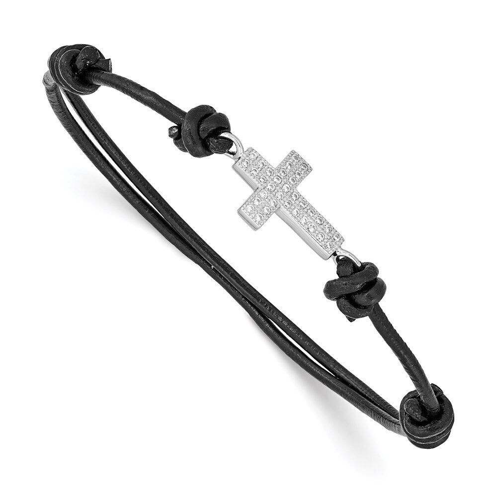 Kazi Luxury Silver Rhodium-plated CZ Cross Black Leather Adjustable Bracelet